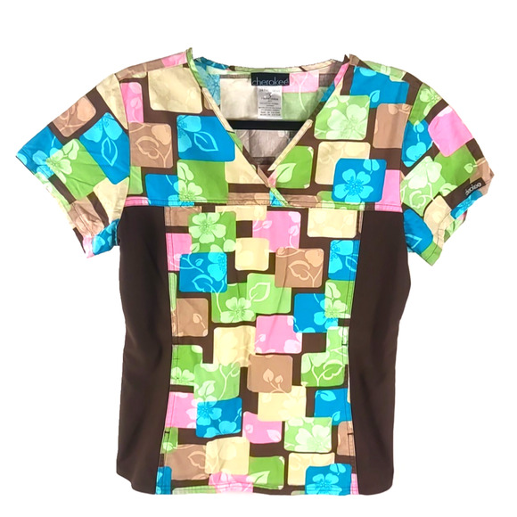 Vintage Cherokee Women's Scrub Top Size Small Pink Blue Brown Faded Look - Picture 1 of 7